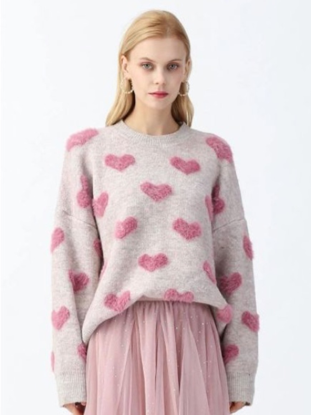 Chicwish Contrast Color Fuzzy Pink Hearts Crewneck Knit Sweater, Size S/M
